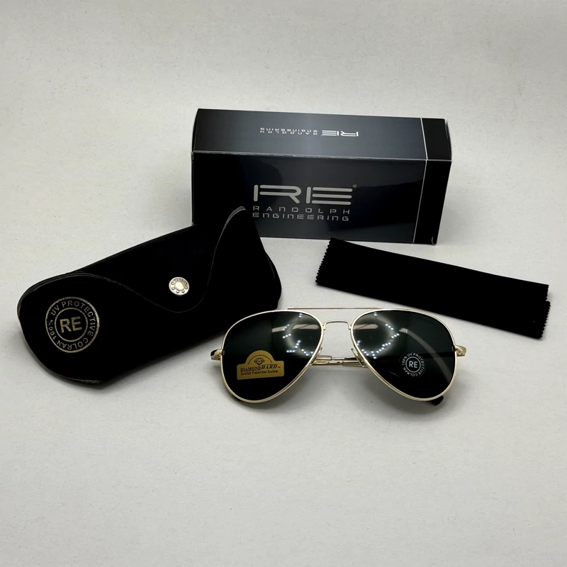 عینک آفتابی خلبانی رندولف شیشه سنگ مدل کانکورد آنتی رفلکس مشکی فریم طلایی فول پک RANDOLPH AVIATOR CR 231 24K GOLD