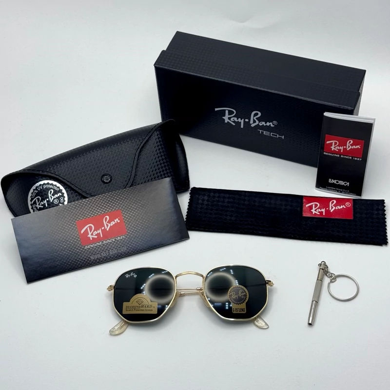 عینک ریبن هگزونال شیشه سنگ مشکی فریم طلایی به همراه پک کامل ریبن کد Rayban RB 3548