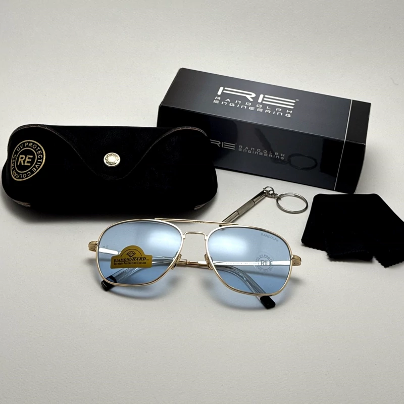 عینک آفتابی خلبانی رندولف شیشه سنگ آبی آسمانی طلایی فول پک RANDOLPH AVIATOR  RE 58 24K GOLD