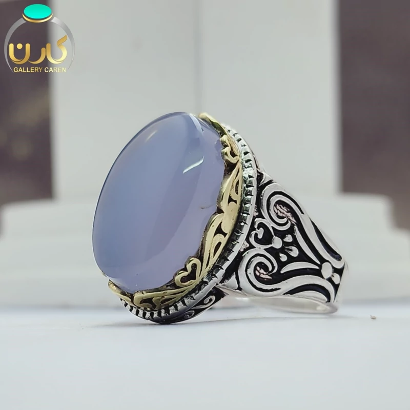 نگین عقیق کبود اصل و معدنی با رکاب نقره زیبا مردانه