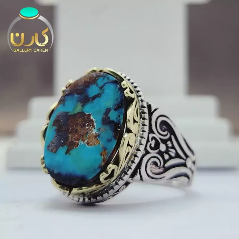 نگین فیروزه مدل اقیانوسی اصل و معدنی با رکاب نقره مردانه