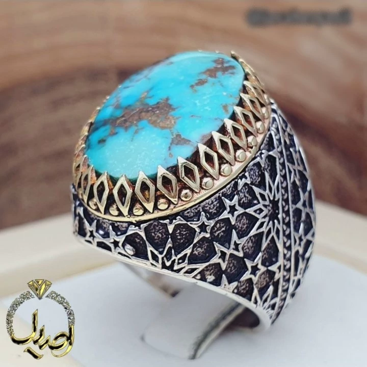 رکاب نقره طرح قلم تاج برنجی نگین فیروزه نیشابوری اصل و معدنی وزن 16 گرم