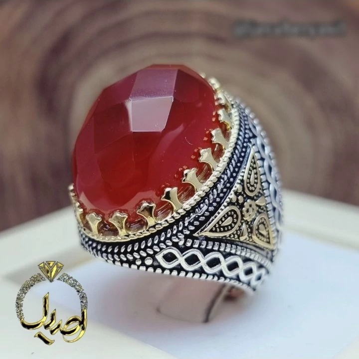 رکاب نقره قلم تاج و بغل برنجی نگین عقیق خراسانی فنسی تراش اصل و معدنی وزن 18 گرم