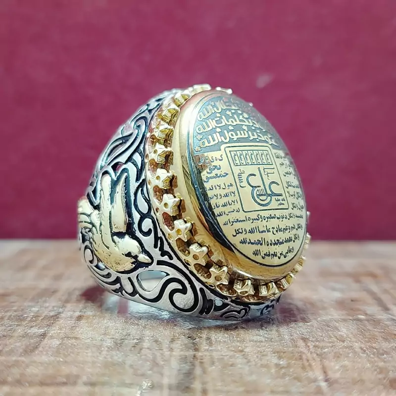 انگشتر نقره شیک مردانه طرح قلم با نگین حدید اصلی و معدنی حو عین علی و سه جلاله