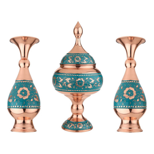ست شکلات خوری و گلدان مسی مدل الماس تراش کد 30 مجموعه 3 عددی