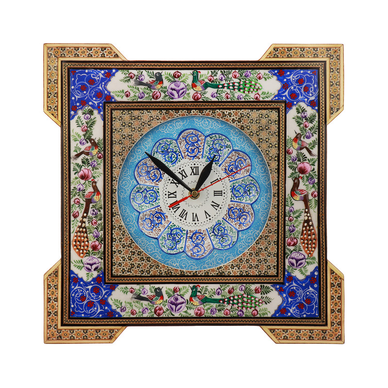 ساعت دیواری خاتم کاری طرح نقاشی گل و مرغ کد 03