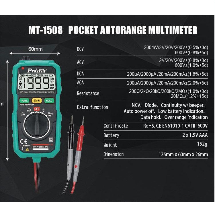 مولتی متر دیجیتال پروسکیت مدل MT-1508