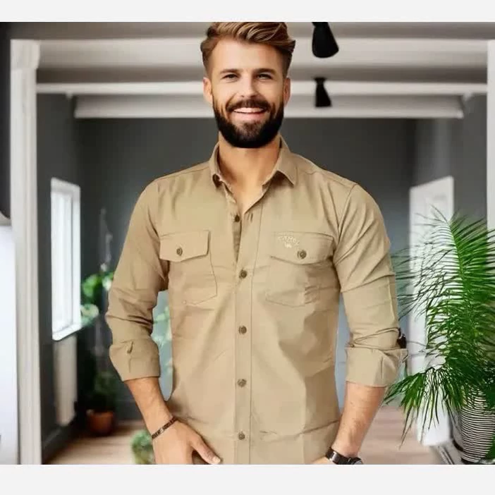 پیراهن مردانه کتان کش کمل ، دکمه فلزی همراه با کد تخفیف