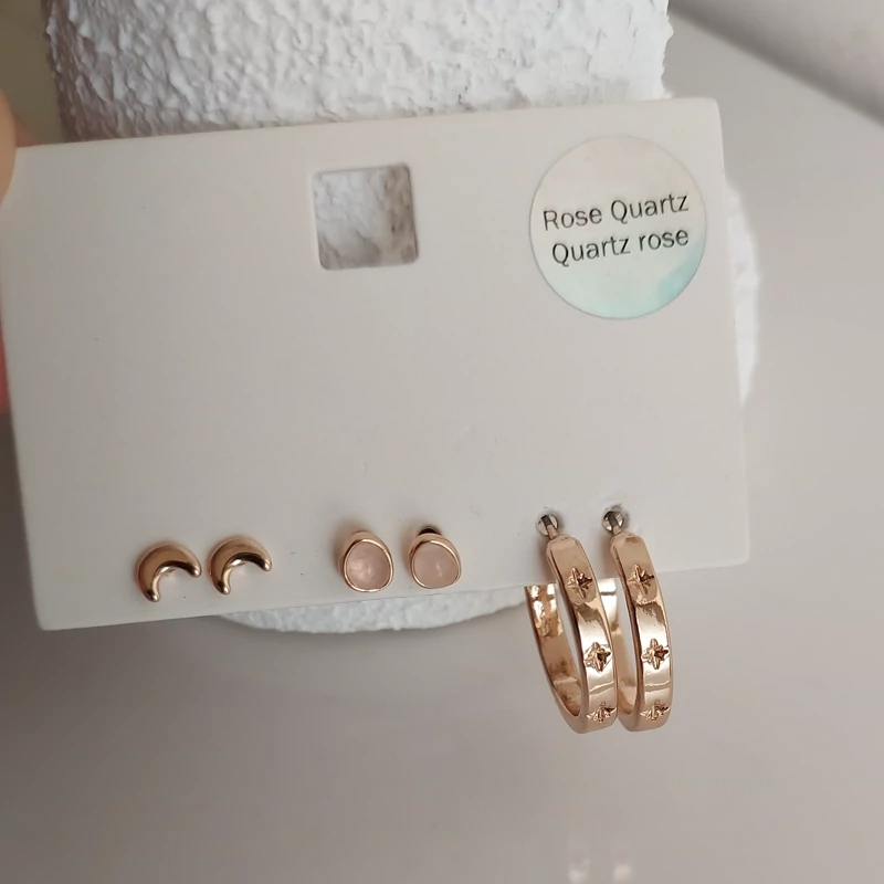 پک گوشواره پک 3جفت گوشواره گوشواره سنگ رز کوارتز