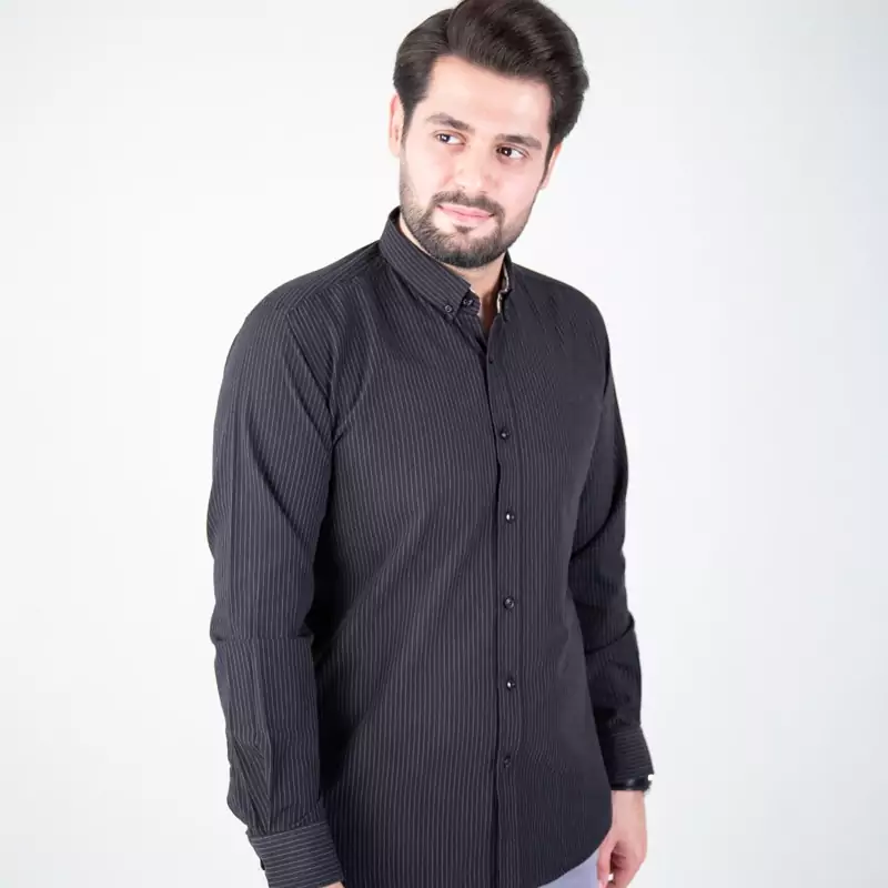 پیراهن اسپرت راه راه یقه انگلیسی مشکی کدpp11002