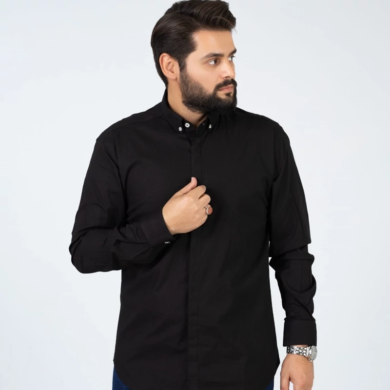 پیراهن پیلین یقه انگلیسی مشکی دکمه مخفی کدpp11005