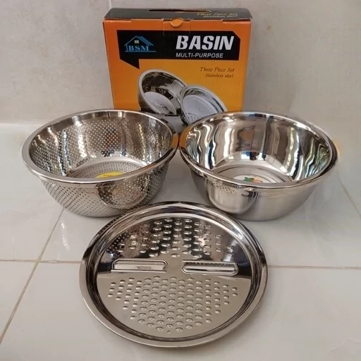 لگن و آبکش رنده دار استیل 3 پارچه BASIN کیفیت درجه یک سایز 26