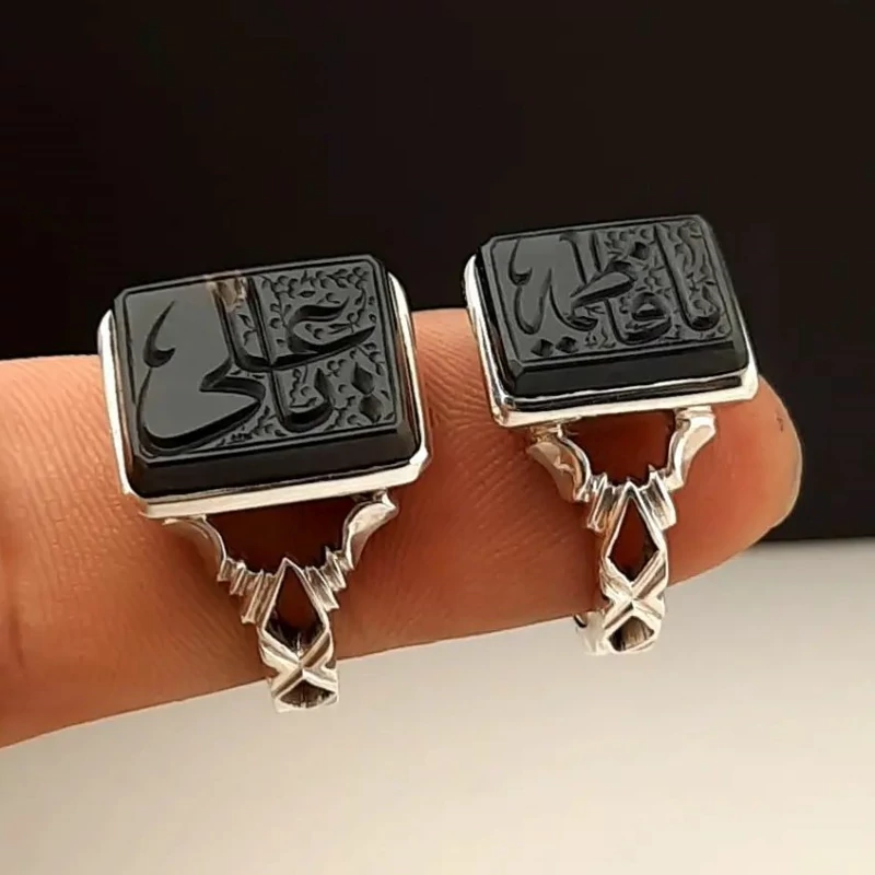 دو عدد انگشتر عقیق جزع یمنی (ست زوج) ، با رکاب دست ساز  عیار بالا و حکاکی دستی