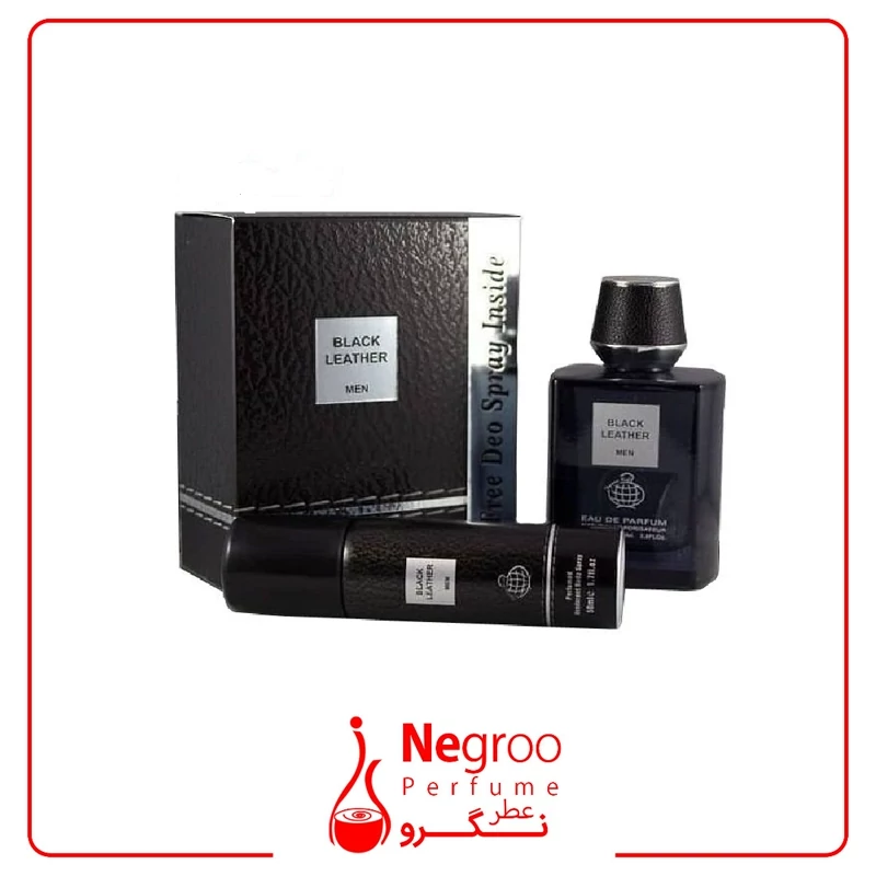 ادو پرفیوم مردانه فراگرنس ورد مدل Black Leather حجم 100 میلی لیتر به همراه اسپری فراگرنس مدل Black Leather حجم 50 میلی ل