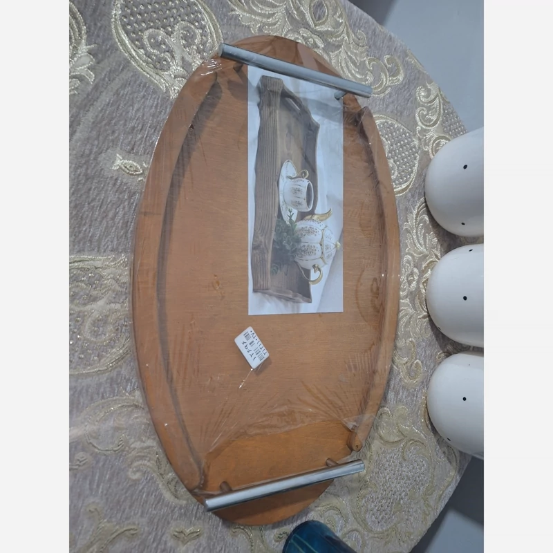 سینی بیضی چوبی دسته فلزی