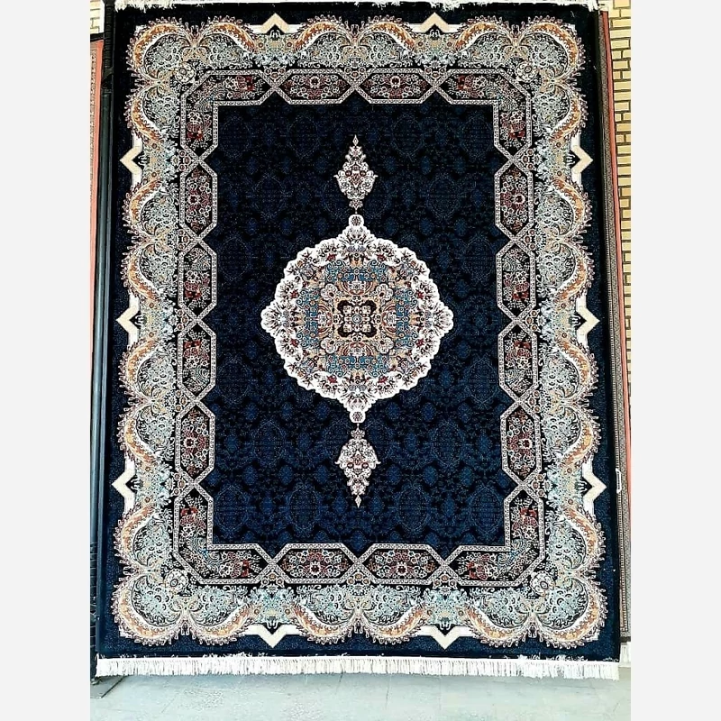 فرش ماشینی 500شانه جدید کاشان 12متری ورژن نقشه هالیدی سرمه ایی(ارسال رایگان)