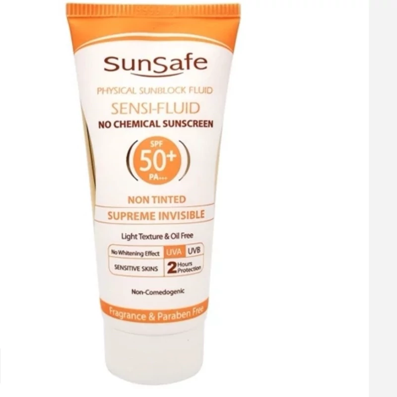 ضد آفتاب فیزیکال بی رنگ سان سیف مناسب پوست های حساس اس پی اف 50 spf50