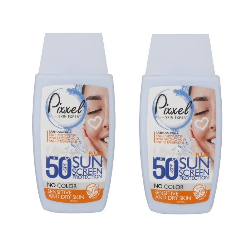 کرم ضدآفتاب بی‌رنگ پیکسل، با SPF50، مدل Sensitive، حاوی محافظ UVA ،UVB و +++PA، فاقد گلیسیرین، حاوی ویتامین E و B+، مناس
