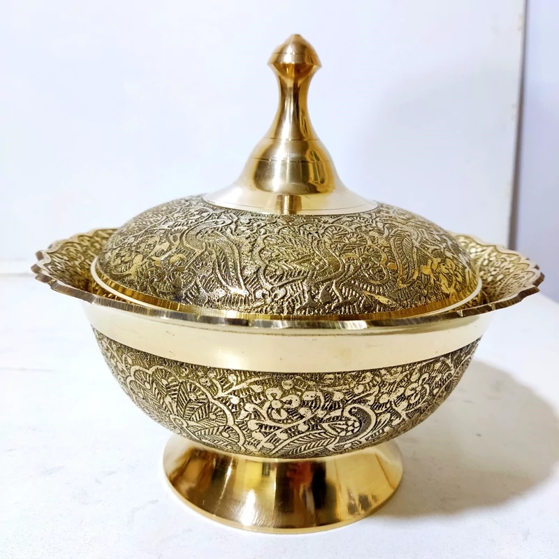شکلاتخوری برنجی سلطنتی قلمکار فول کیفیت دارای ضمانت10ساله شکلاتخوری برنزی مرغوب طرح طاووس