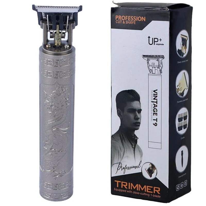 ماشین اصلاح موی سر و صورت شارژی مدل Vintage T9 دارای 4 عدد شانه با قابلیت تنظیم درجه های اصلاح به همراه فرچه و روغن