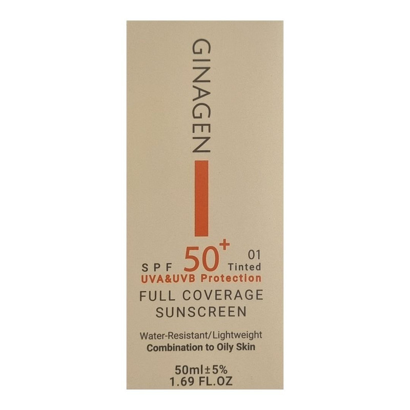 کرم ضد آفتاب رنگی ژیناژن، SPF 50، مدل 01، مناسب پوستهای چرب و مختلط با تنالیته روشن و حجم 50 میلیلیتر، ضد آب، محافظتکننده در برابر اشعههای UVA و UVB، ضد چروک، ضد لک و پیری، دارای فرمولاسیون مواد و املاح معدنی، با ماندگاری 2 ساعته