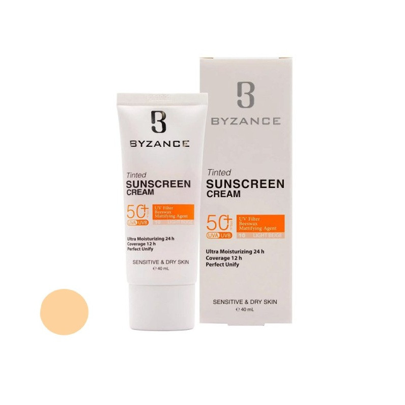 کرم ضد آفتاب رنگی صورت بیزانس SPF 50 مدل Light Beigh 10 محافظ در برابر UVA/UVB مناسب برای پوست خشک و حساس حجم 40 میلیلیتر