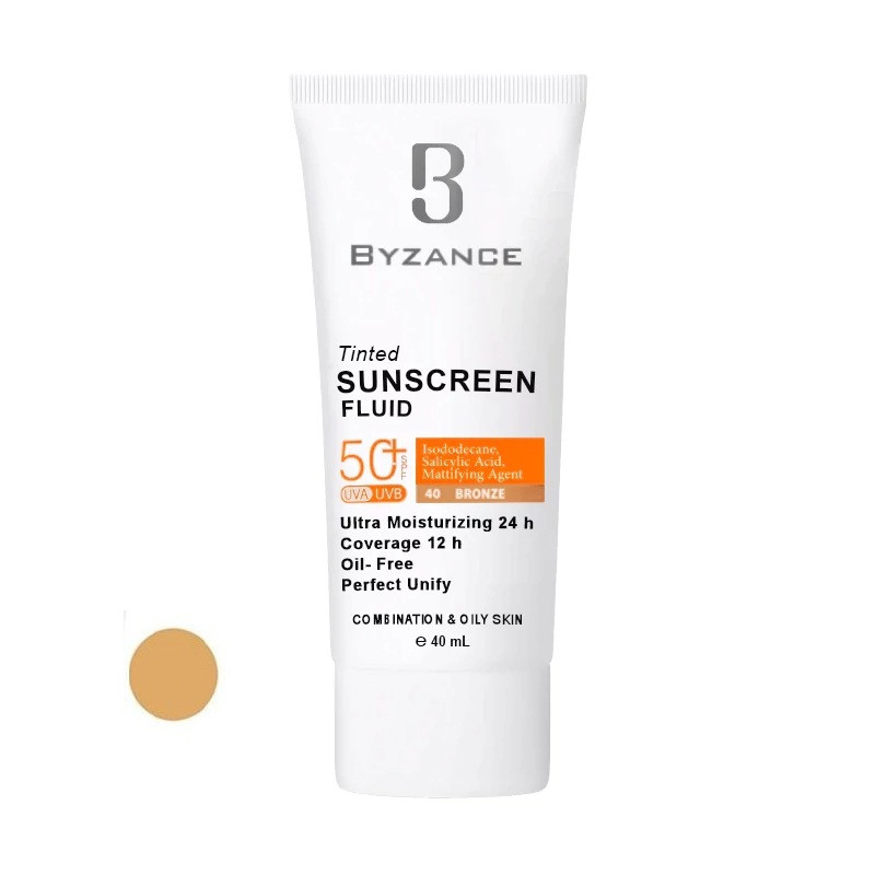 کرم ضد آفتاب رنگی صورت بیزانس SPF 50 مدل Bronze 40 محافظ در برابر UVA/UVB مناسب برای پوست چرب و مختلط حجم 40 میلیلیتر