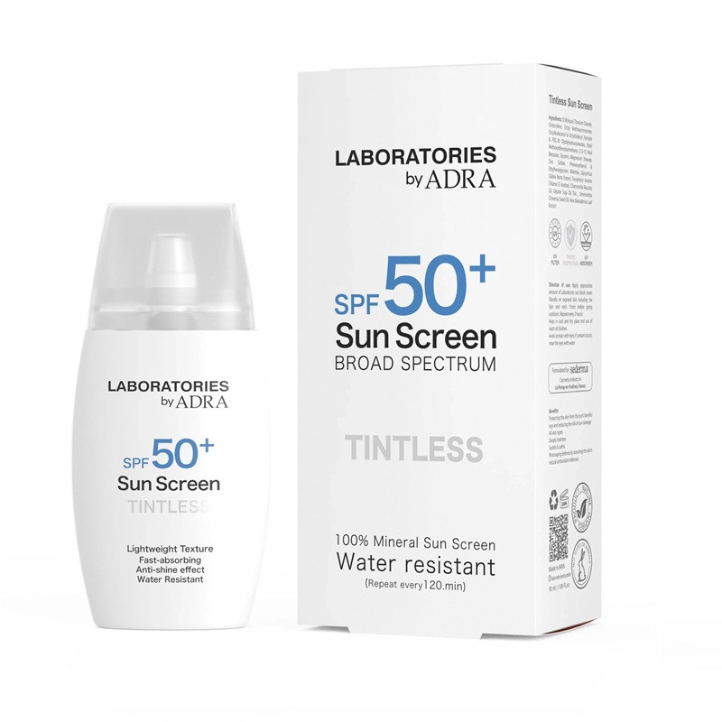 کرم ضد آفتاب بیرنگ صورت آدرا SPF 50 مدل لابراتوریز محافظ در برابر UVA & UVB مناسب برای انواع پوست حجم 50 میلیلیتر
