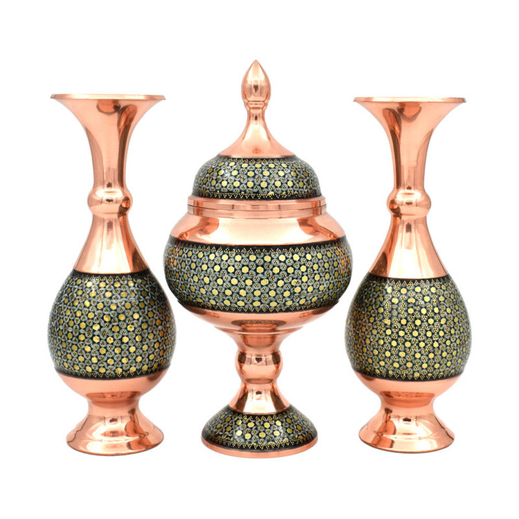 ست 3 تکه گلدان و شکلات خوری خاتم کاری مسی کد 20