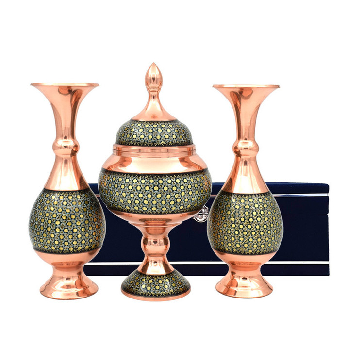 ست 3 تکه گلدان و شکلات خوری خاتم کاری مسی کد 20