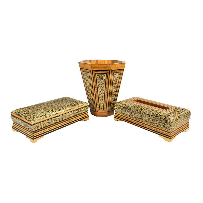 ست سه تکه جعبه دستمال کاغذی و سطل خاتم کاری کد 25-1