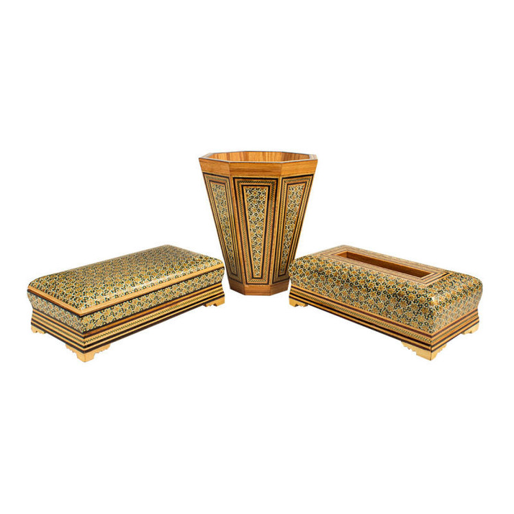 ست سه تکه جعبه دستمال کاغذی و سطل خاتم کاری کد 25-1