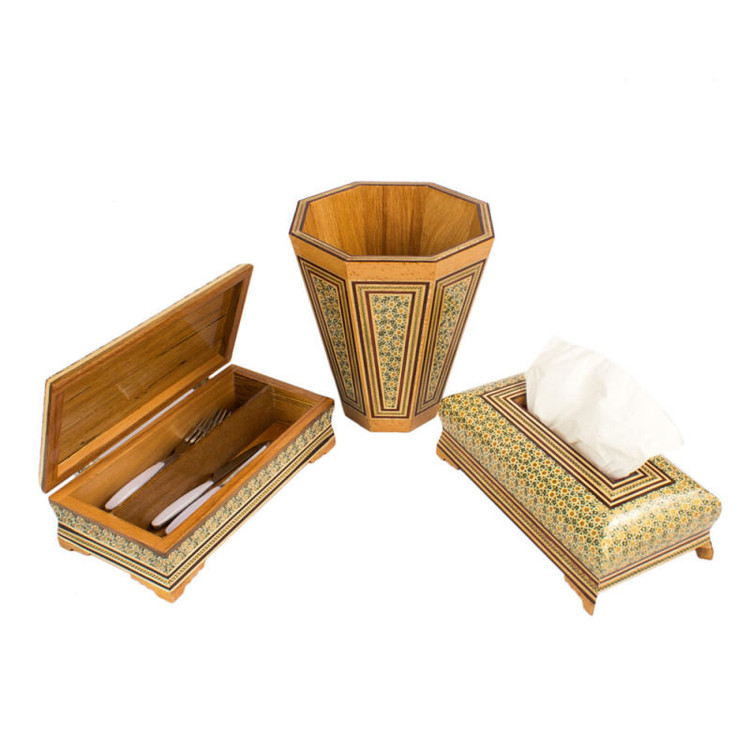 ست سه تکه جعبه دستمال کاغذی و سطل خاتم کاری کد 25-1