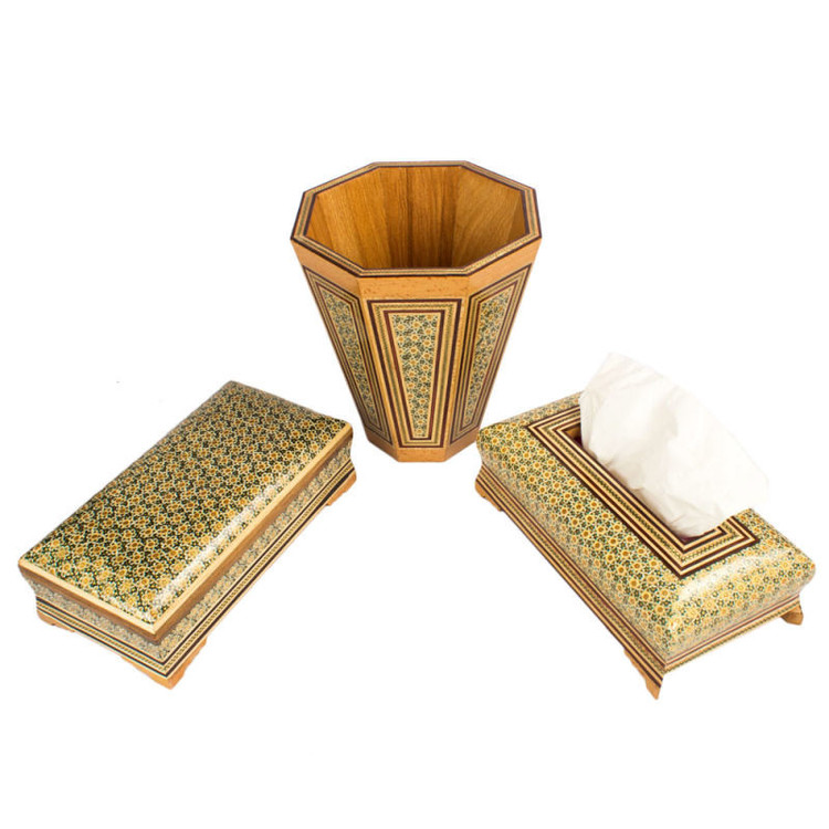 ست سه تکه جعبه دستمال کاغذی و سطل خاتم کاری کد 25-1