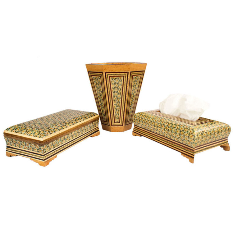 ست سه تکه جعبه دستمال کاغذی و سطل خاتم کاری کد 25-1