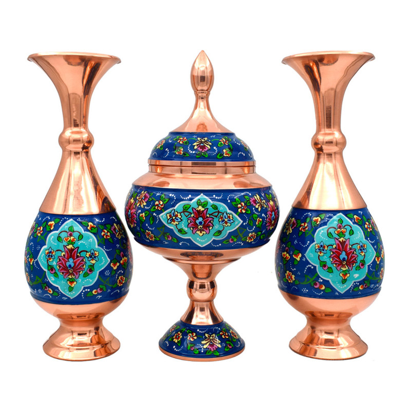 ست شکلات خوری و گلدان میناکاری مسی طرح پرداز کد 25 مجموعه 3 عددی
