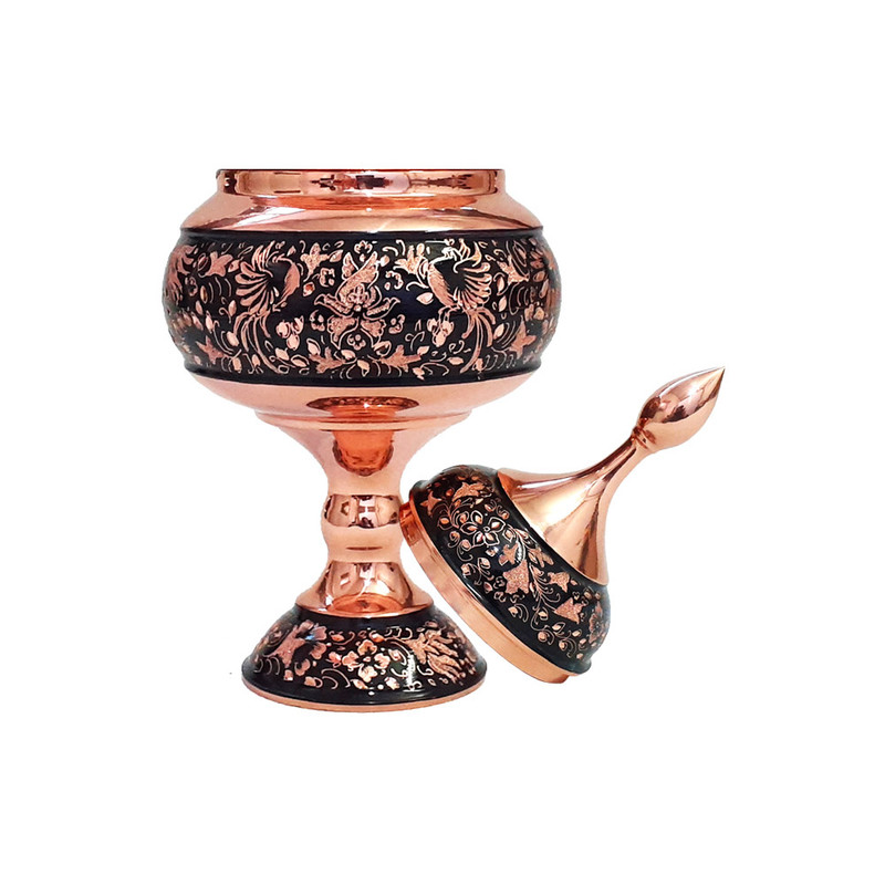 شکلات خوری مسی مدل الماس تراش طرح گل و مرغ کد 23