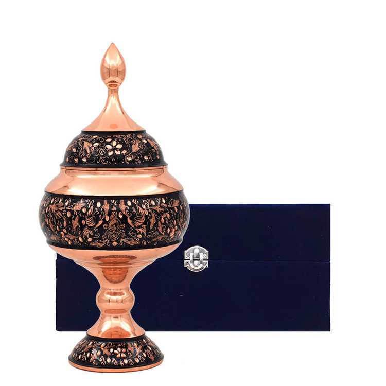 شکلات خوری مسی مدل الماس تراش طرح گل و مرغ کد 23