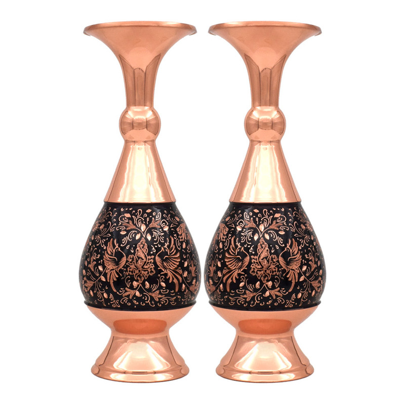 گلدان مسی مدل الماس تراش طرح گل و مرغ کد 20 مجموعه 2 عددی