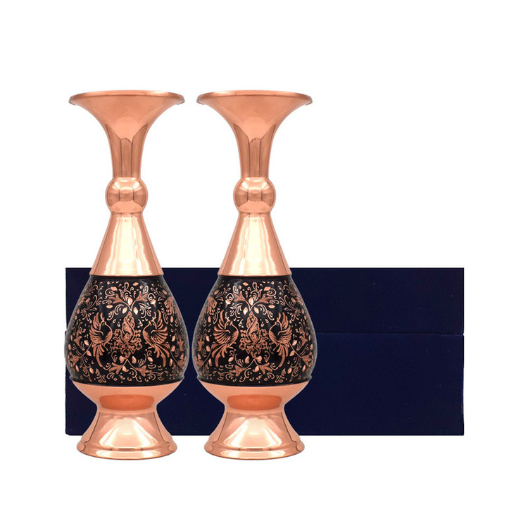 گلدان مسی مدل الماس تراش طرح گل و مرغ کد 20 مجموعه 2 عددی