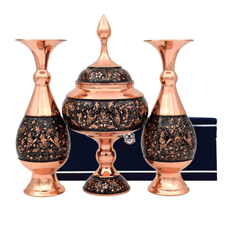 ست سه تکه گلدان و شکلات خوری مدل الماس تراش طرح گل و مرغ کد 25-3