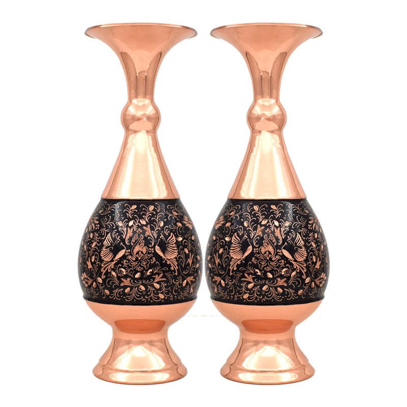 گلدان مسی مدل الماس تراش طرح گل و مرغ کد 25-3 مجموعه 2 عددی