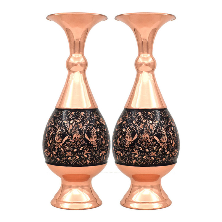 گلدان مسی مدل الماس تراش طرح گل و مرغ کد 25-3 مجموعه 2 عددی