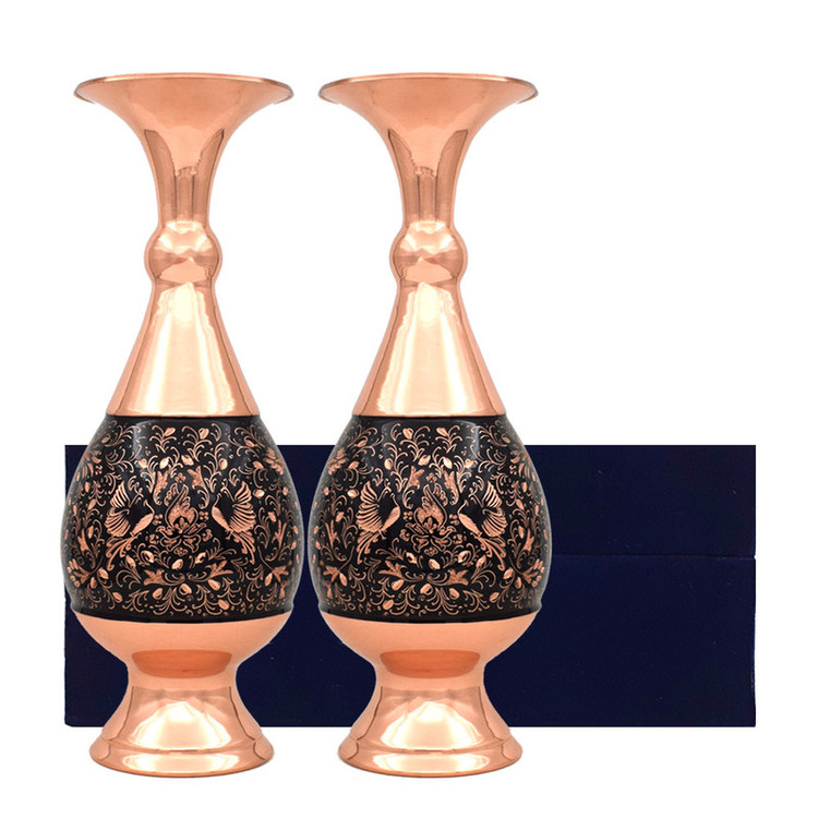 گلدان مسی مدل الماس تراش طرح گل و مرغ کد 25-3 مجموعه 2 عددی