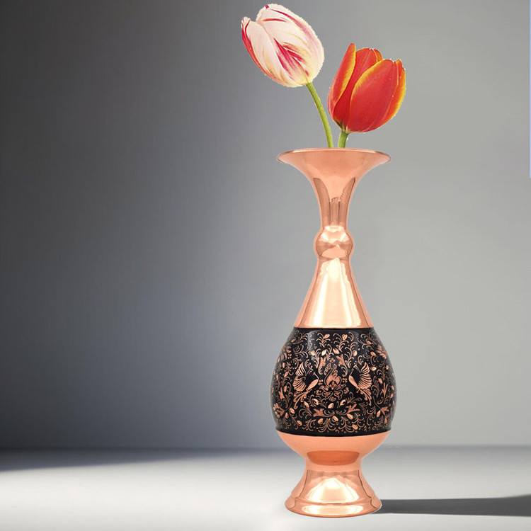 گلدان مسی مدل الماس تراش طرح گل و مرغ کد 25-3 مجموعه 2 عددی