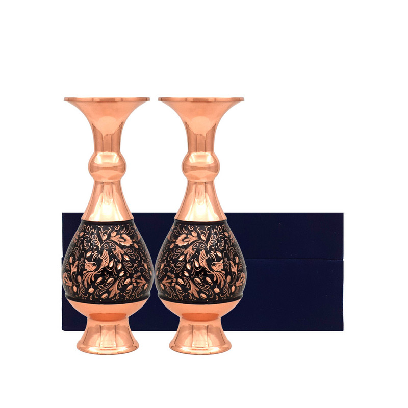 گلدان مسی مدل الماس تراش طرح گل و مرغ مجموعه 2 عددی