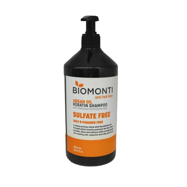 شامپو بدون سولفات ضدریزش و کراتینه بیومونتی Biomonti حاوی روغن آرگان و کراتین  حجم 1000 میل