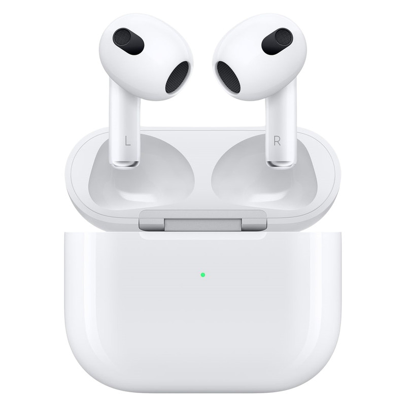 هدفون بلوتوثی اپل مدل AirPods 3 با نویز کنسلینگ میکروفون (ENC)، درگاه شارژ لایتنینگ، دارای سنسور تشخیص پوست و پشتیبانی از فرمان لمسی، مقاوم در برابر رطوبت و عرق