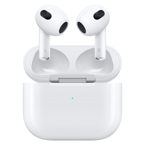 هدفون بلوتوثی اپل مدل AirPods 3 با نویز کنسلینگ میکروفون (ENC)، درگاه شارژ لایتنینگ، دارای سنسور تشخیص پوست و پشتیبانی از فرمان لمسی، مقاوم در برابر رطوبت و عرق