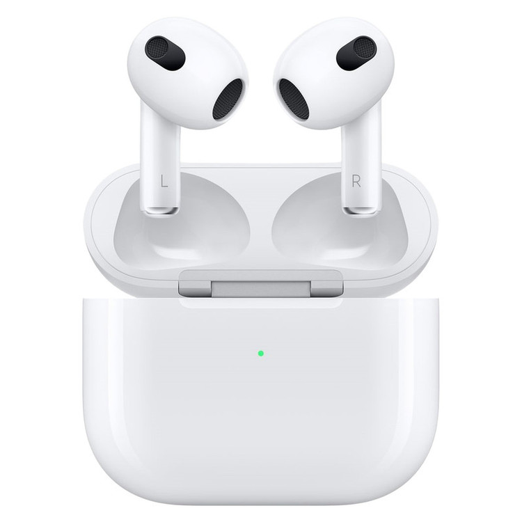 هدفون بلوتوثی اپل مدل AirPods 3 با نویز کنسلینگ میکروفون (ENC)، درگاه شارژ لایتنینگ، دارای سنسور تشخیص پوست و پشتیبانی از فرمان لمسی، مقاوم در برابر رطوبت و عرق